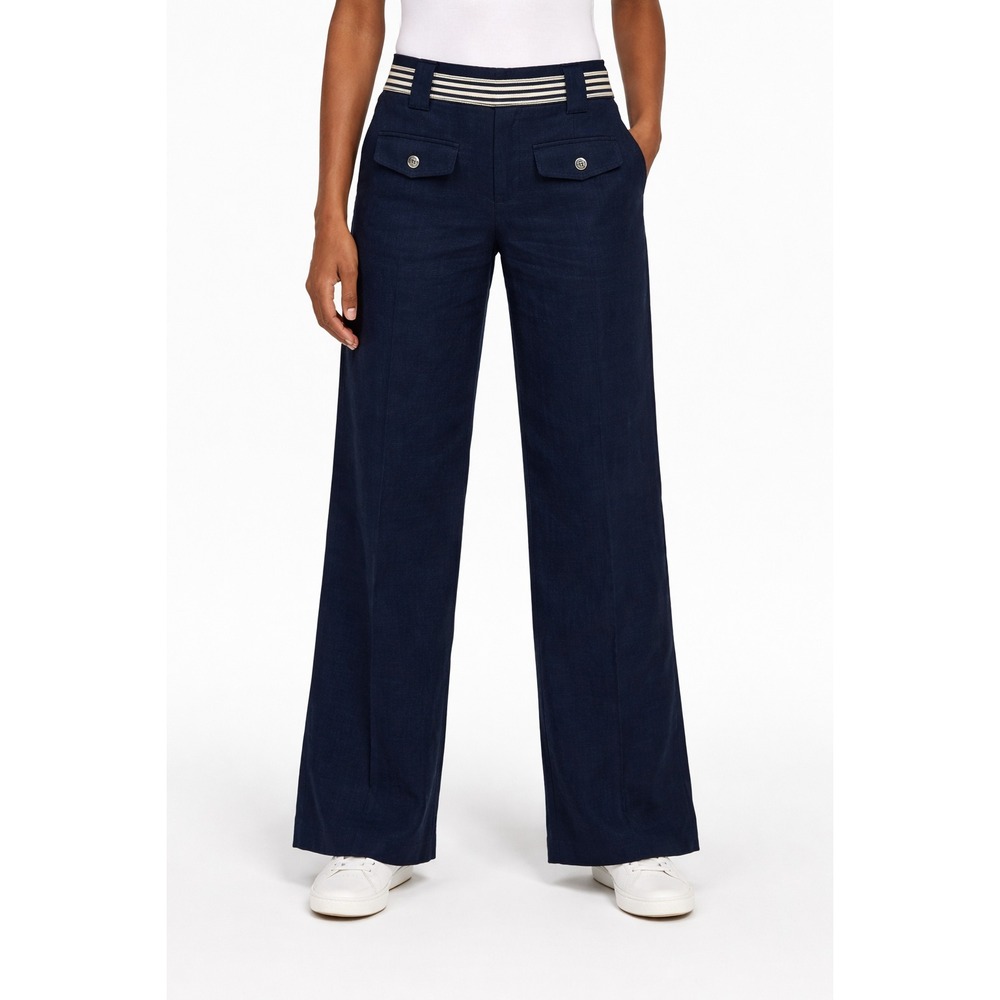 Anthropologie Elevenses Wide Leg Pants 2 Navy Linen Blend High‎ Rise Resort Chic